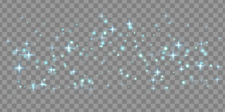 Turquoise cloud of scattered dust and tiny stars, varying size and transparency, abstract glowing particles in PNG format.