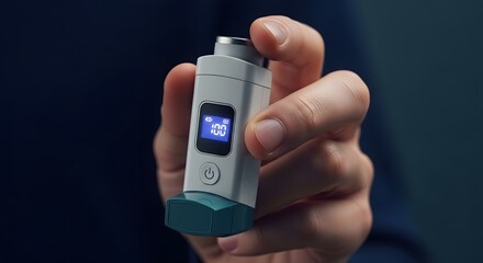 Fototapeta premium Hand holding small electronic device with digital display, possibly an inhaler or medical gadget for treatment
