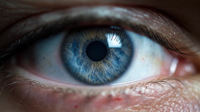 Close up macro photograph of a human blue eye showing iris detail and pupil