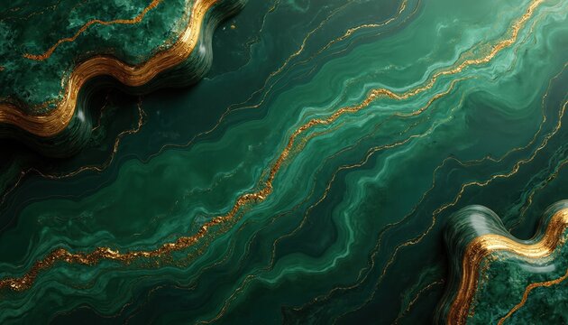 Deep green malachite texture with swirling golden veins. Rich abstract background with polished stone effect. Luxurious organic pattern for design projects.