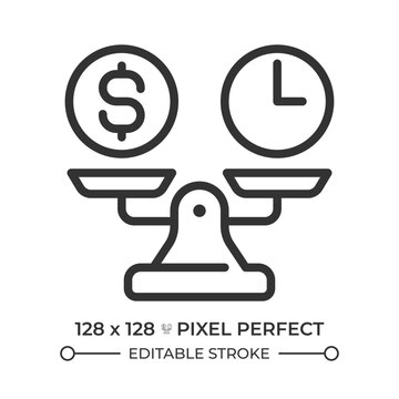 Break even point pixel perfect line icon. Sales volume and revenue level balance. Financial calculation. Business. Isolated vector illustration. Outline symbol. Simple linear drawing. Editable stroke