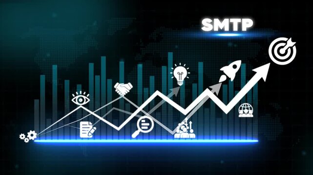 S M T P business growth chart with representing success and progress on a blue background with graphs