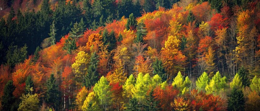 autumn trees in a forest color on hill mountain seasonal