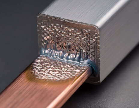 Macro close-up of ultrasonic metal welding connection with knurled texture on copper and aluminum busbars