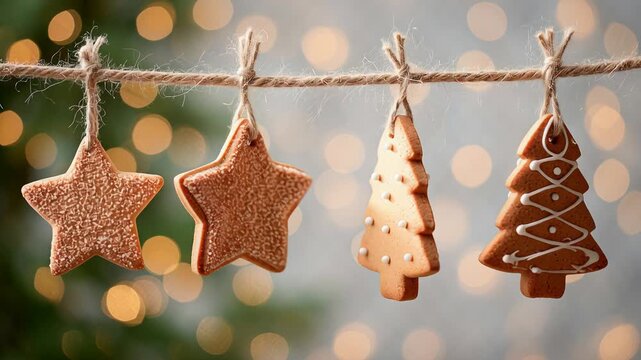 Festive gingerbread cookies hanging on twine with holiday lights in the background