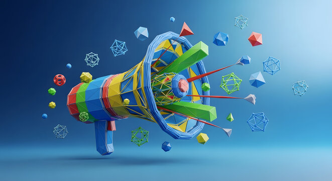 Vibrant 3D Block Megaphone Illustration Dynamic Digital Marketing Communication and Data Analytics Dissemination with Abstract Geometric Elements