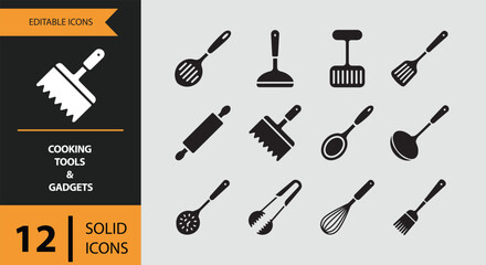 Cooking Tools and Gadgets. Bold Solid Cooking Tools and Practical Kitchen Gadgets Icons