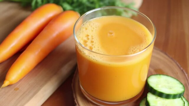 Refreshing glass of healthy organic carrot juice on a wooden table, vibrant cold-pressed vegetable drink concept