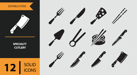 Specialty Cutlery. Solid Specialty Cutlery Icons for Fine Dining and Restaurant Branding