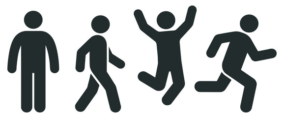 Fototapeta premium Human people action silhouette icon set, walking running jumping movement activity pictogram symbols isolated on transparent background