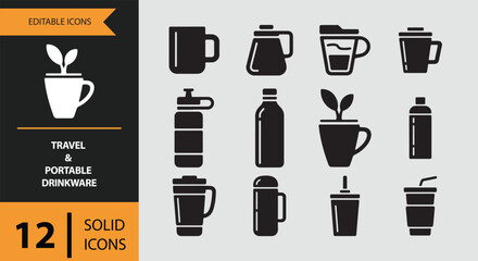 Travel and Portable Drinkware. Solid Portable and Travel Friendly Drinkware Icons