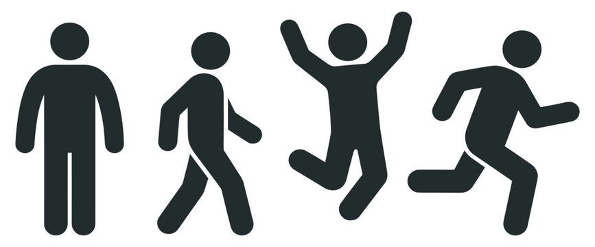 Human people action silhouette icon set, walking running jumping movement activity pictogram symbols isolated on transparent background

