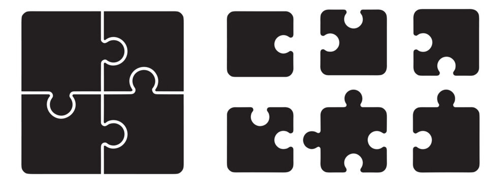 Puzzle jigsaw piece teamwork and collaboration silhouette icon set, business connection partnership unity and solution concept vector collection on transparent background

