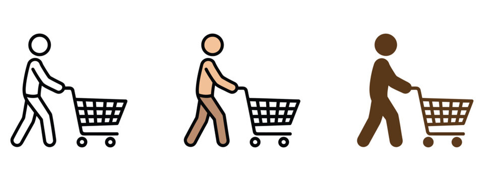 Diverse people pushing shopping carts icon collection illustrating multicultural shoppers, grocery store activity