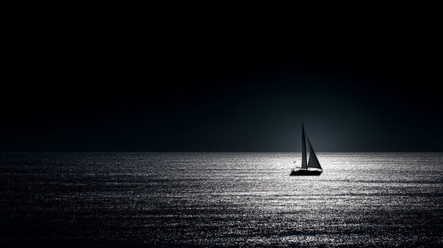 A sailboat glides across the water under a moonlit night sky with a dark background