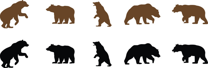 Fototapeta premium Bear icon set collection group in flat style featuring grizzly, ursus, wildlife, animal silhouette and predator synonym elements for nature design, forest logo branding and graphic use