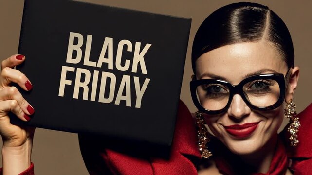 Elegant fashion woman holding Black Friday shopping sign highlighting seasonal sale excitement luxury retail lifestyle consumer culture and promotional marketing atmosphere