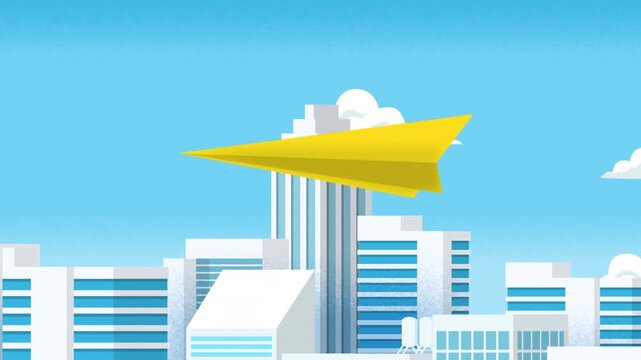 A paper airplane is soaring over the city.