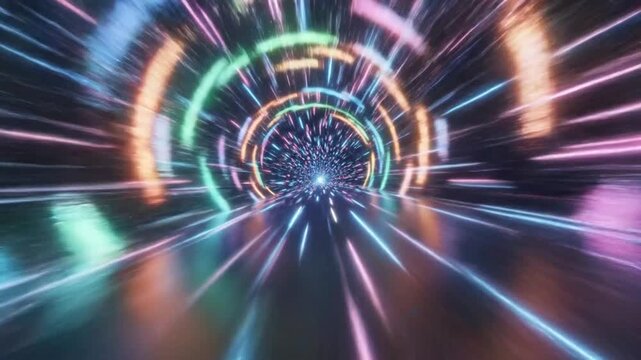 Hyperspace tunnel with vibrant neon blue and pink light streaks creating a sense of rapid motion through cosmic dimensions