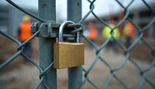 Padlock secures chain link fence gate at construction site. Workers in safety vests and helmets visible in background. Day time scene shows restricted access and site security.