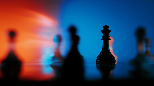 Matte black chess rook controlling central position under neon light, corporate strategy concept. Business authority and structured market positioning metaphor on reflective board