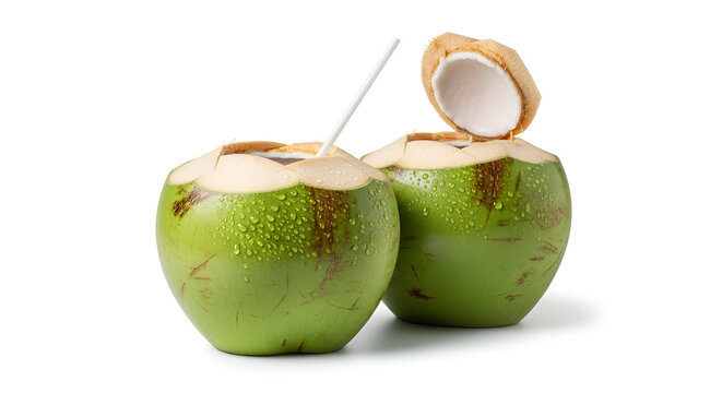 Two fresh young coconuts with water drops, one opened and one with straw, isolated on white background, natural tropical drink concept.