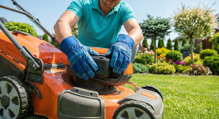 Professional Gardener Inserting Battery into Modern Electric Lawn Mower on Green Grass