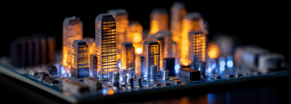 Illuminated Miniature City on Circuit Board &ndash; Smart Urban Technology Concept with Glowing Skyscrapers and Advanced Digital Infrastructure