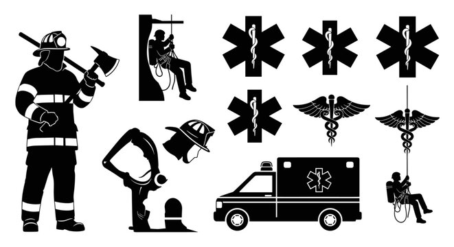 Dynamic vector silhouettes of essential emergency responders, crucial rescue equipment, and vital medical symbols. Designed for public safety and aid
