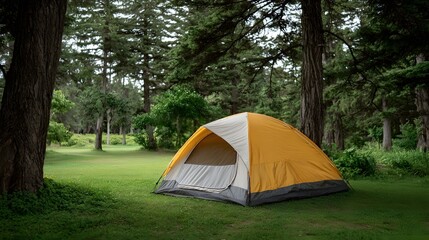 A yellow and grey camping tent is pitched in a serene forest clearing on a bright day
