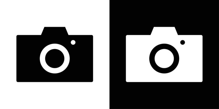 Camera icon in solid fill style, shown in black on white and white on black background. Ideal for photography apps, media tools, and image capture interfaces.