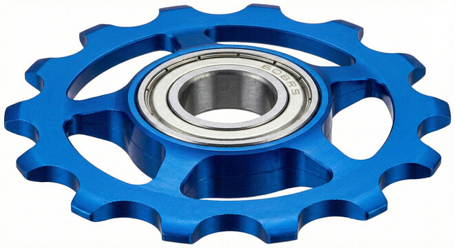 Blue anodized CNC machined aluminum derailleur jockey wheel for bicycle isolated on white