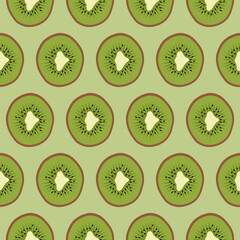 Kiwi half seamless pattern. Slices of green kiwi on a light green background. Design for wrapping paper, wallpaper, fabric, textile and etc. Vector illustration.