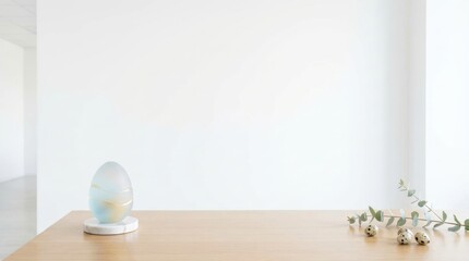 Easter Egg on a Wooden Table against a White Wall