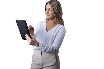 Businesswoman using digital tablet writing with stylus