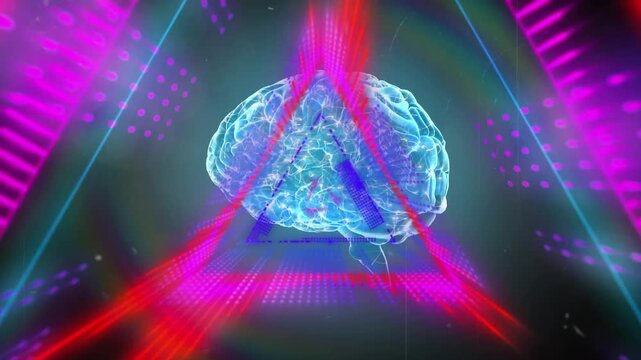 Digital animation of triangular glowing tunnel over spinning human brain against black background