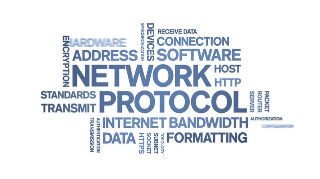 Network Protocol animated word cloud-text design animation tag kinetic typography seamless loop.