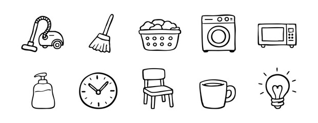 Hand-drawn doodle icons of household items, cleaning tools, and appliances in a minimalist black and white line art style.