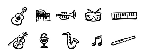 Hand-drawn musical instrument doodle set featuring icons of guitar, piano, trumpet, violin, drum, and saxophone on a white background. © liubomir118809