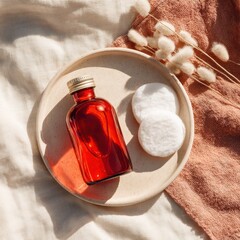 Red Skincare Bottle and Cotton Pads on a Beige Tray Flatlay