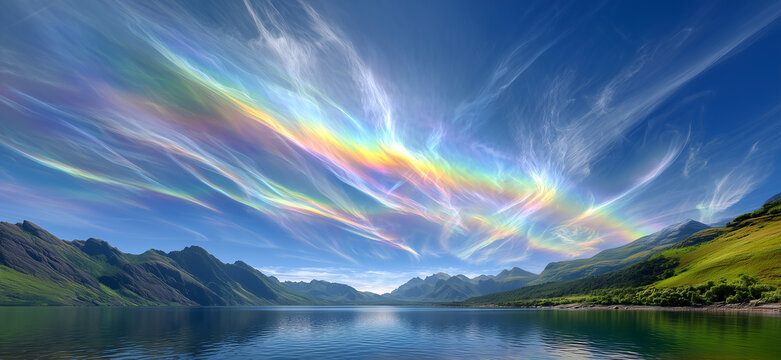 rare fire rainbow circumhorizontal arc in sky reflected in still mountain lake summer landscape