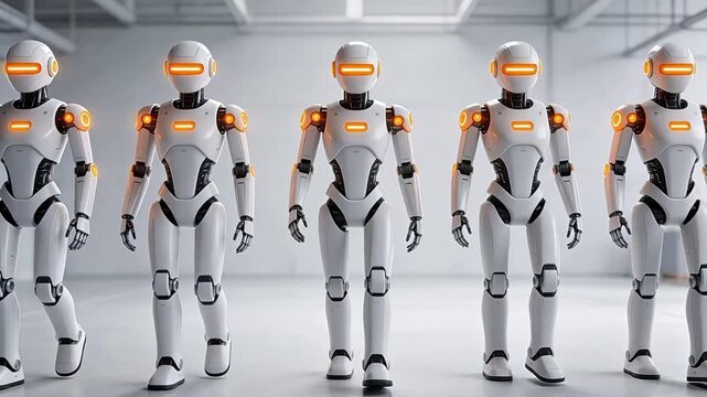 Five humanoid robots in a row