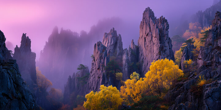 sharp limestone karst pinnacles in crimson sunset fog with yellow ginkgo trees autumn landscape