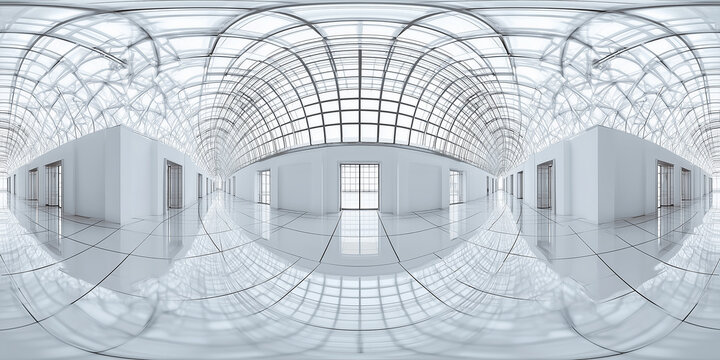 empty spherical room with white parametric wireframe structure and glass panels for modern architectural concept isolated on white background top view