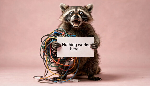 Expressive raccoon with tangled wires holding " Nothing works here !  " message board. Concept of IT support, technology, frustration and unsolved problem.