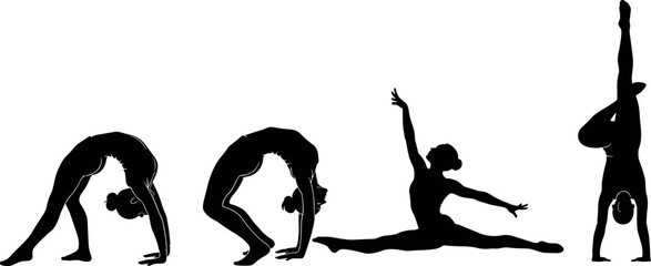 Set of young woman gymnastics silhouettes performing flexible yoga poses and acrobatic stretching exercises isolated on white background vector illustration © DALIARA 
