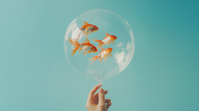 A delicate hand holding a transparent balloon with a goldfish swimming inside, creating a whimsical and magical scene.