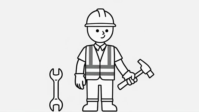 Black and White Icon of Engineer with Hard Hat, Safety Gear, and Repair Tools Animation