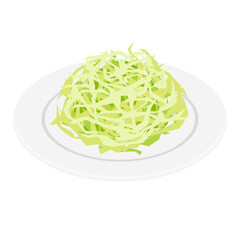  Isometric shredded cabbage on white plate - flat vector illustration, fresh vegetable garnish