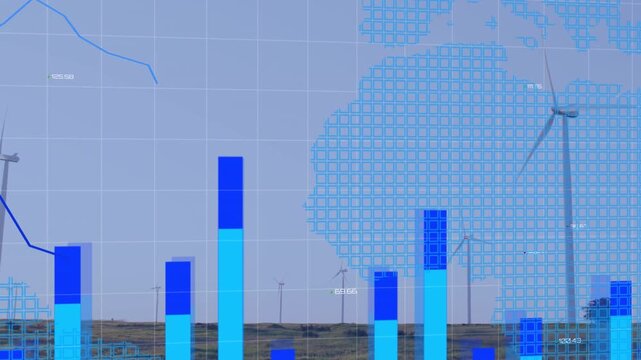 Animation of statistics and financial data processing over world map, wind turbines in countryside